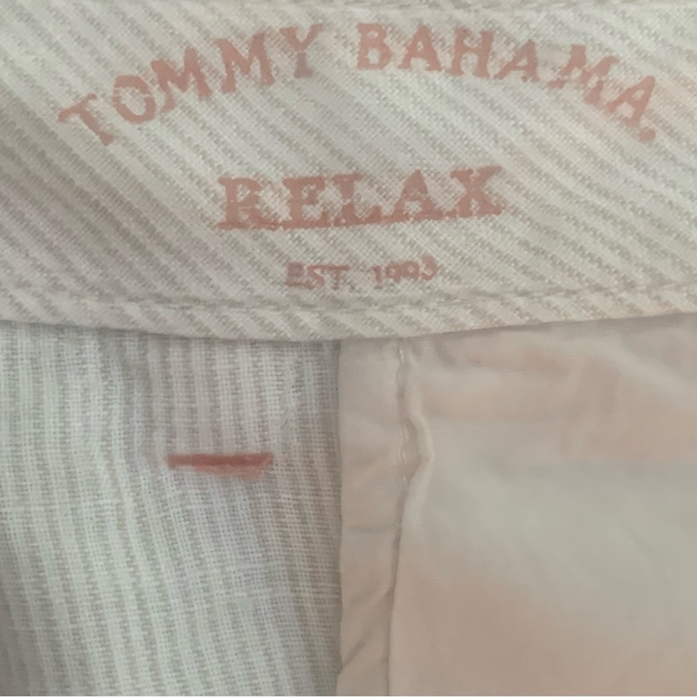Tommy Bahama Relax Linen Shorts Mens 40 Beige Striped Casual Flat Front 5 Pocket - Picture 2 of 6